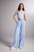 Beli Lastikli Çizgili Harmony Poplin Pantolon Mavi - 0