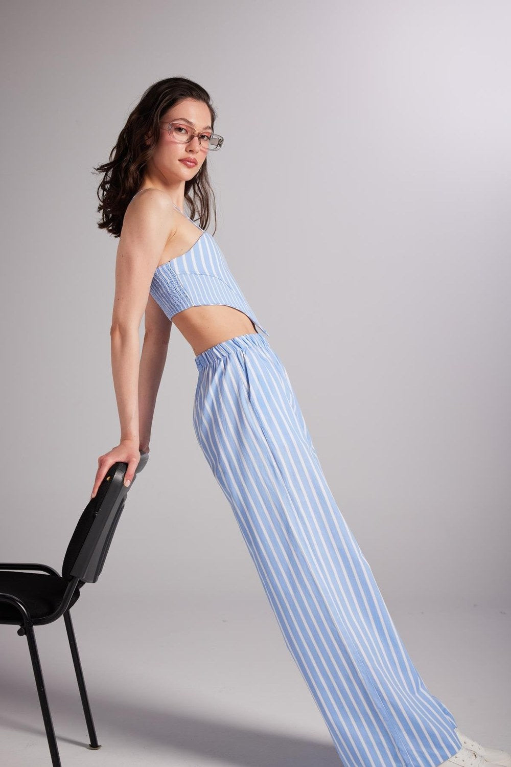 Beli Lastikli Çizgili Harmony Poplin Pantolon Mavi - 2