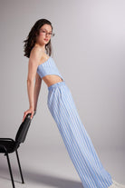 Beli Lastikli Çizgili Harmony Poplin Pantolon Mavi - 2