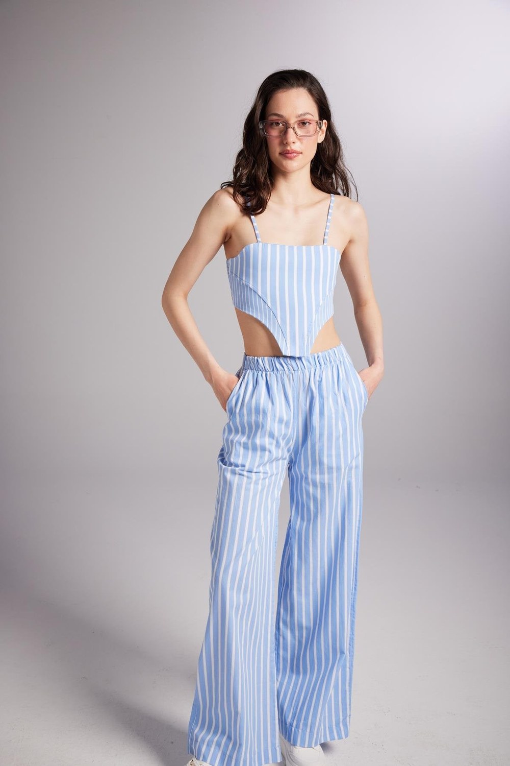 Beli Lastikli Çizgili Harmony Poplin Pantolon Mavi - 3