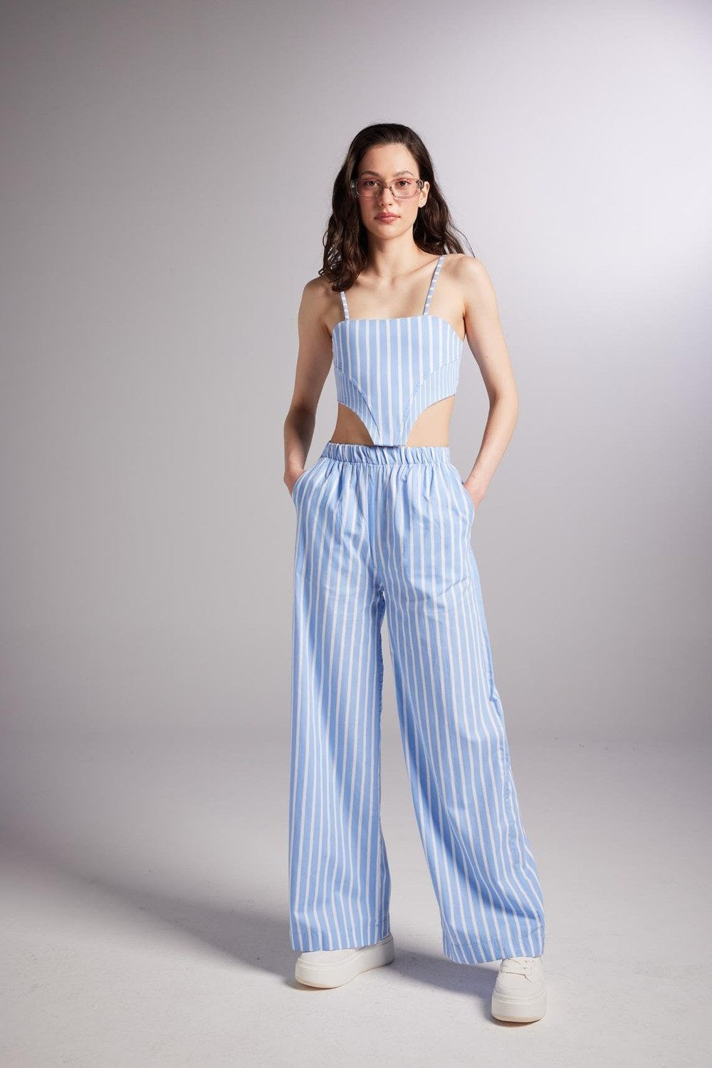Beli Lastikli Çizgili Harmony Poplin Pantolon Mavi - 4
