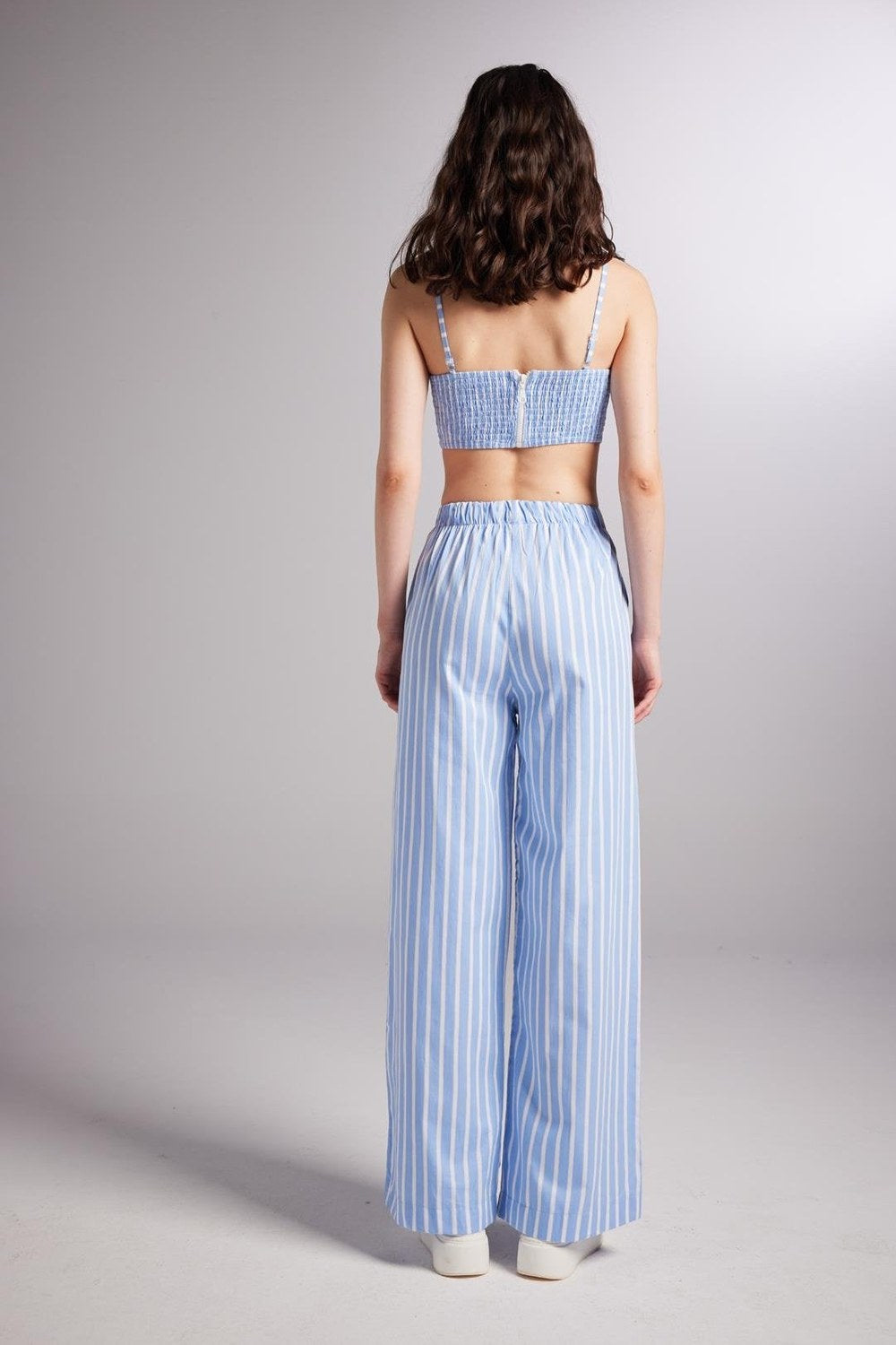 Beli Lastikli Çizgili Harmony Poplin Pantolon Mavi - 5