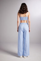 Beli Lastikli Çizgili Harmony Poplin Pantolon Mavi - 5