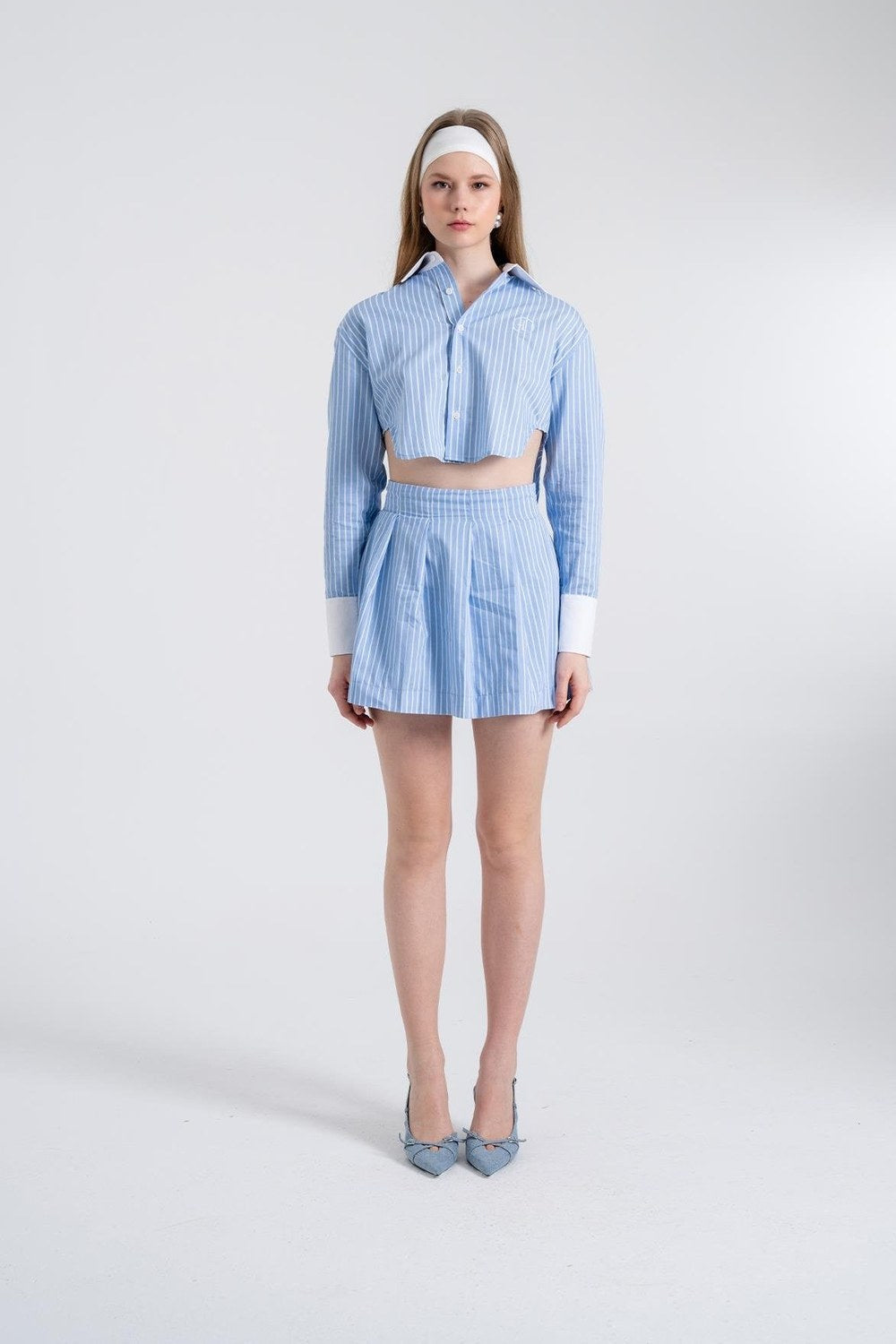 Çizgili Pilili Mini Harmony Poplin Etek Mavi - 0