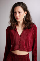 Crop Model Düğme Kapamalı Comfy Crop Gömlek Bordo - 3