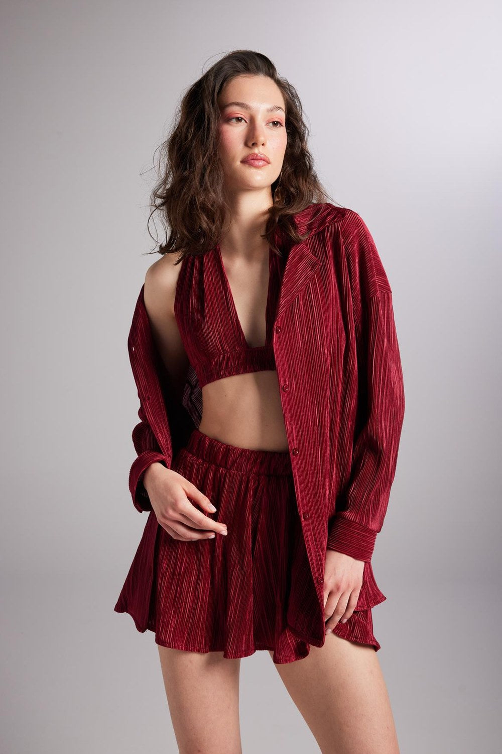 Düğme Kapamalı Comfy Oversize Gömlek Bordo - 3