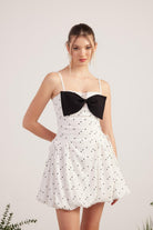 Puantiyeli Kurdele Detaylı Balon Etekli Mini Erica Elbise Beyaz - 1