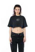 Kadın Oversize Fm Icon Yıpratmalı Crop Tişört - Siyah - 0
