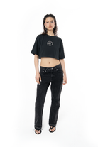 Kadın Oversize Fm Icon Yıpratmalı Crop Tişört - Siyah - 2