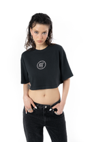Kadın Oversize Fm Icon Yıpratmalı Crop Tişört - Siyah - 4