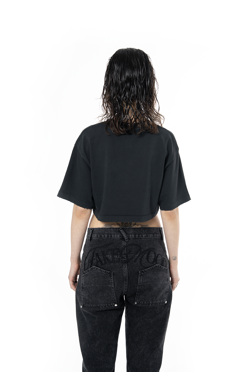 Kadın Oversize Fm Icon Yıpratmalı Crop Tişört - Siyah - 5