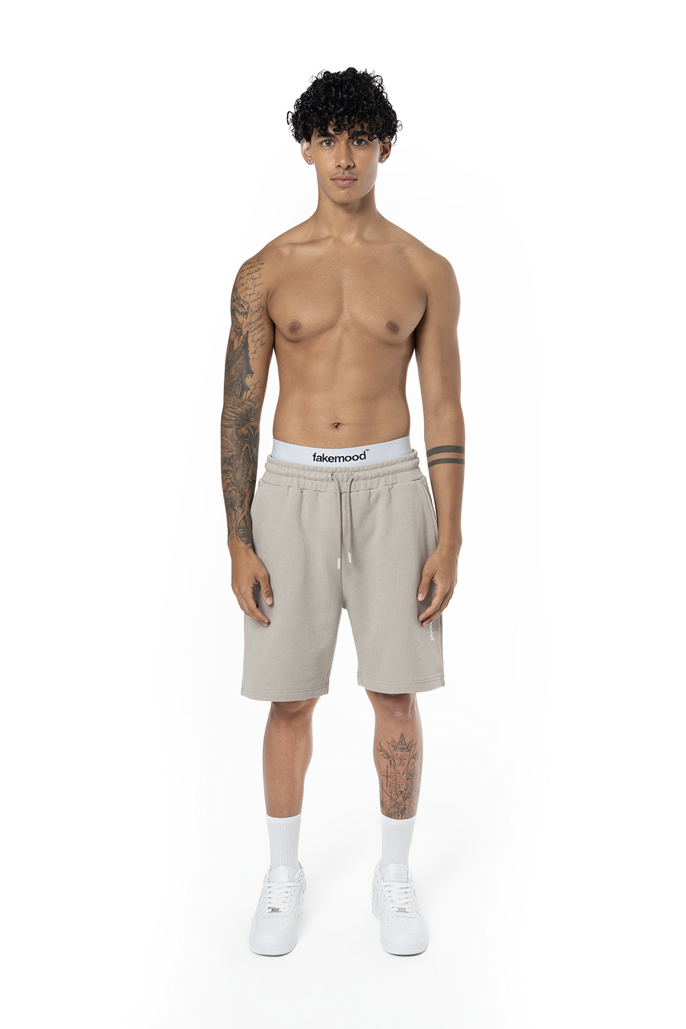 Unisex Relaxed Fit Basic Fakemood Baskılı Şort - Taş - 1