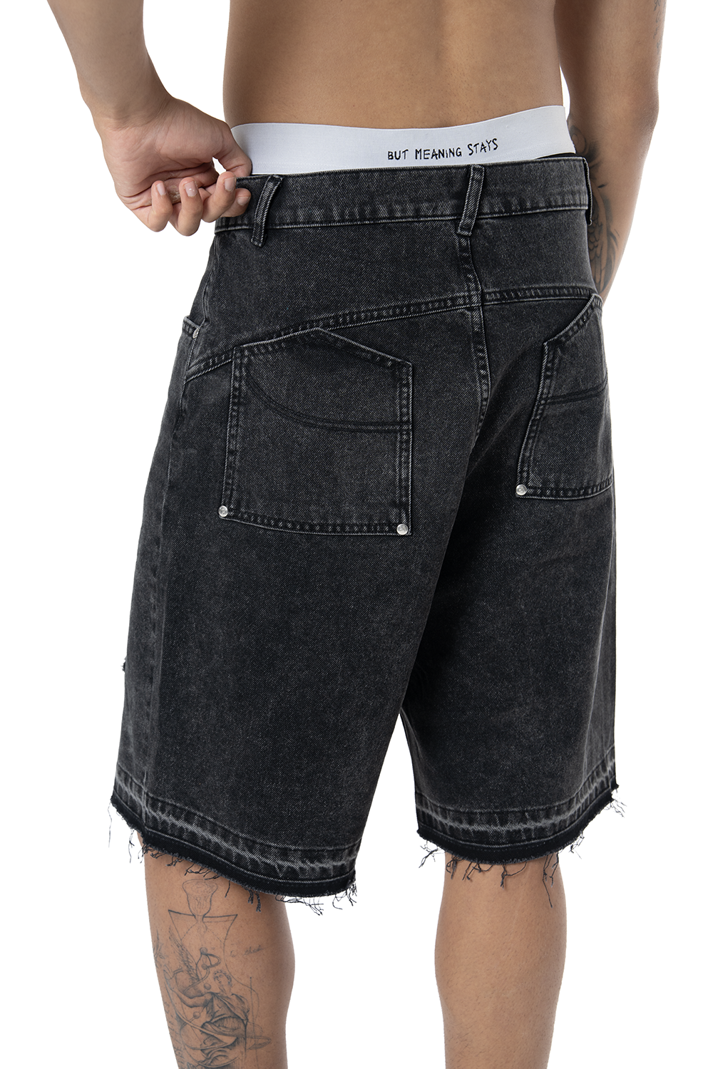 Unisex Oversize Yıpratmalı Fm Icon Detaylı Premium Denim Şort - Siyah - 1