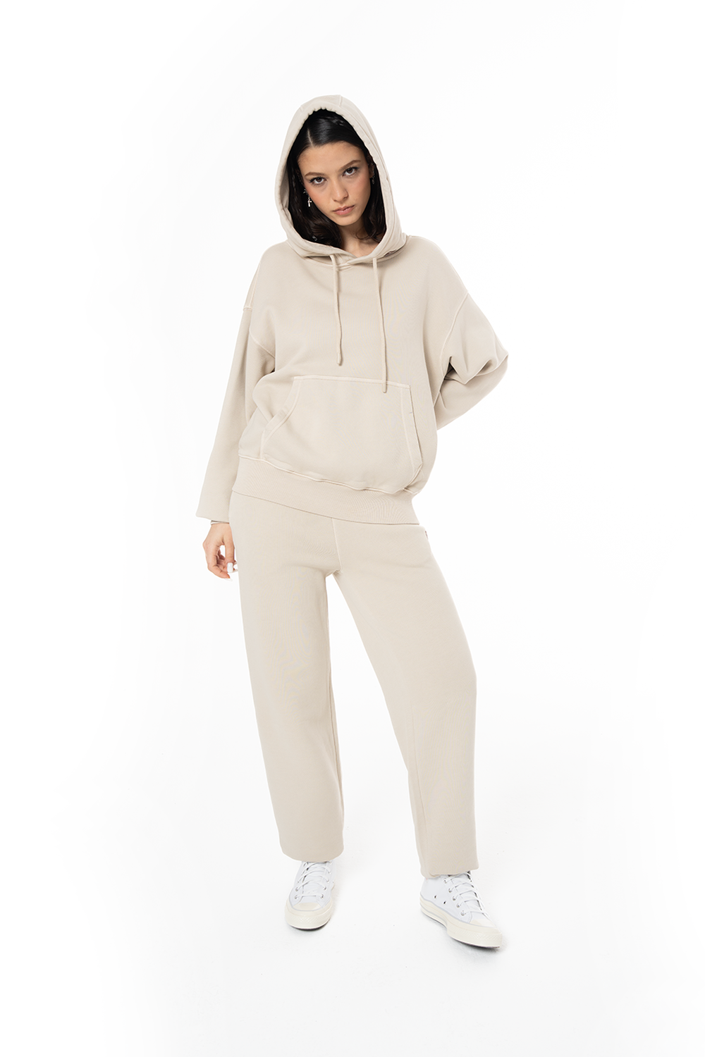 Kadın Oversize Fm Icon Nakışlı Hoodie - Bej - 5