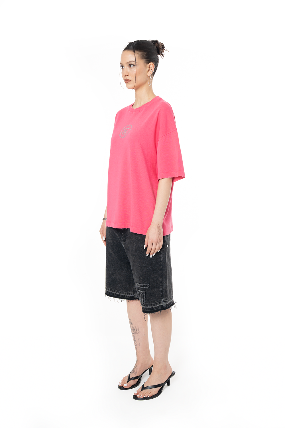Kadın Oversize Fm Icon Yıpratmalı Tişört - Pembe - 2
