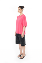 Kadın Oversize Fm Icon Yıpratmalı Tişört - Pembe - 2