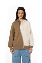 Kadın Oversize Asimetrik Kesim Nakışlı Zip Hoodie - Bej / Kahverengi - 0