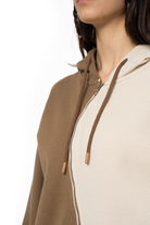 Kadın Oversize Asimetrik Kesim Nakışlı Zip Hoodie - Bej / Kahverengi - 1