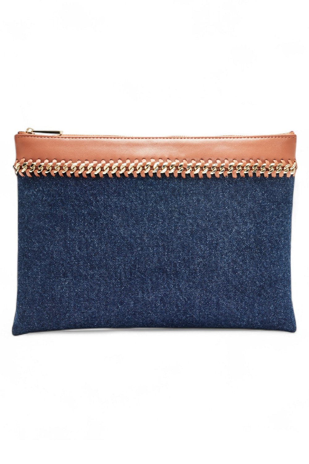 Chain Denim Ve Deri Clutch Çanta - 0
