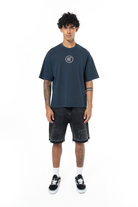 Unisex Oversize Fm Icon Yıpratmalı Tişört - Lacivert - 2