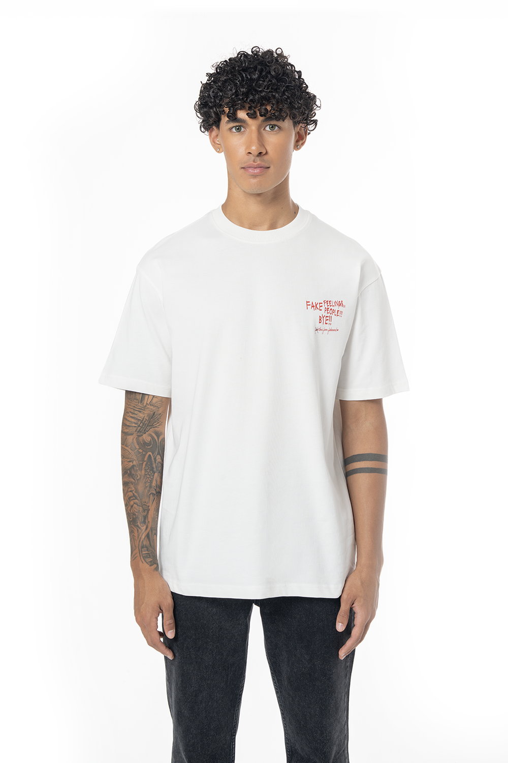 Unisex Oversize Fake Love Baskılı Tişört - Beyaz - 0