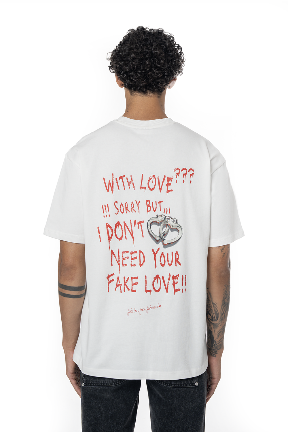 Unisex Oversize Fake Love Baskılı Tişört - Beyaz - 1