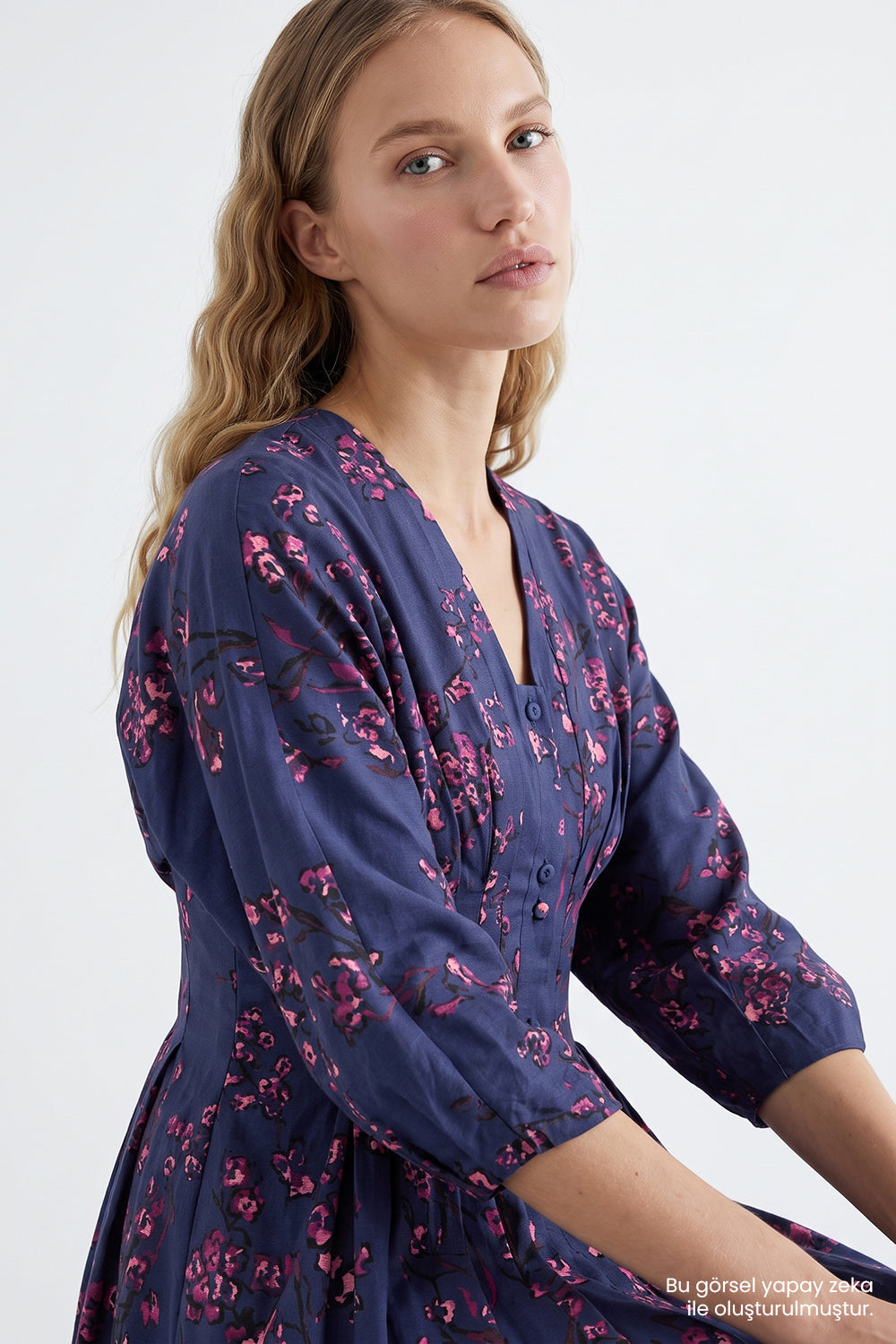 Reglan Kol V Yaka Beli Pileli Regular Midi Çok Renkli Elbise