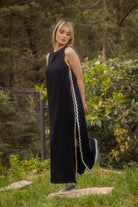 Le-Monade Dreams-Çift Su Taşı Detaylı Siyah Uzun Kolsuz Elbise-Elbise-1-Milagron.com