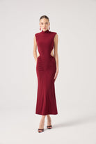 Balıkçı Yaka Bel Dekolteli Uzun Zuzana Elbise Bordo