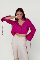 Özel Dokulu Saten Crop Silky Gömlek Pembe