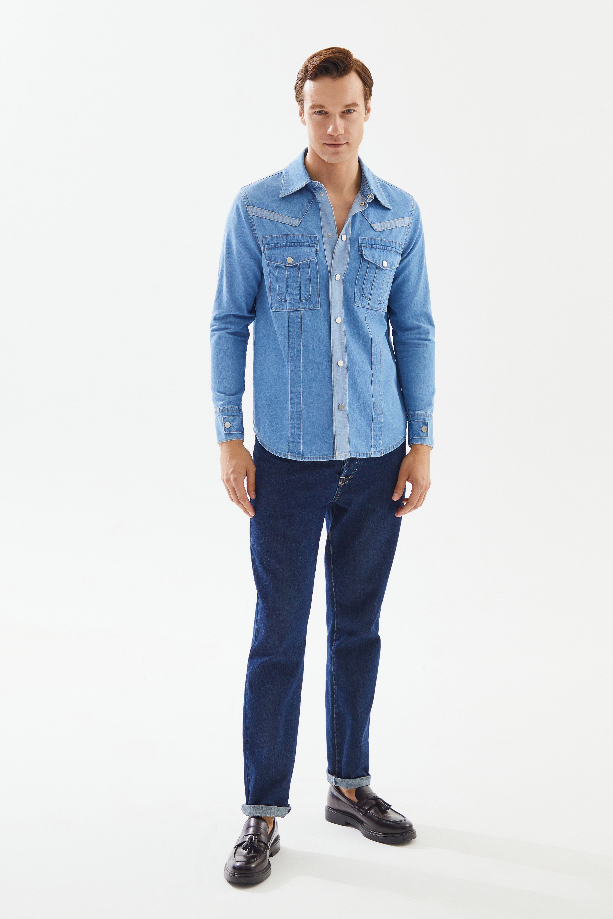 2be4A-Erkek Açık Mavi Cepli şerit Detaylı Denim Gömlek-3-Milagron.com