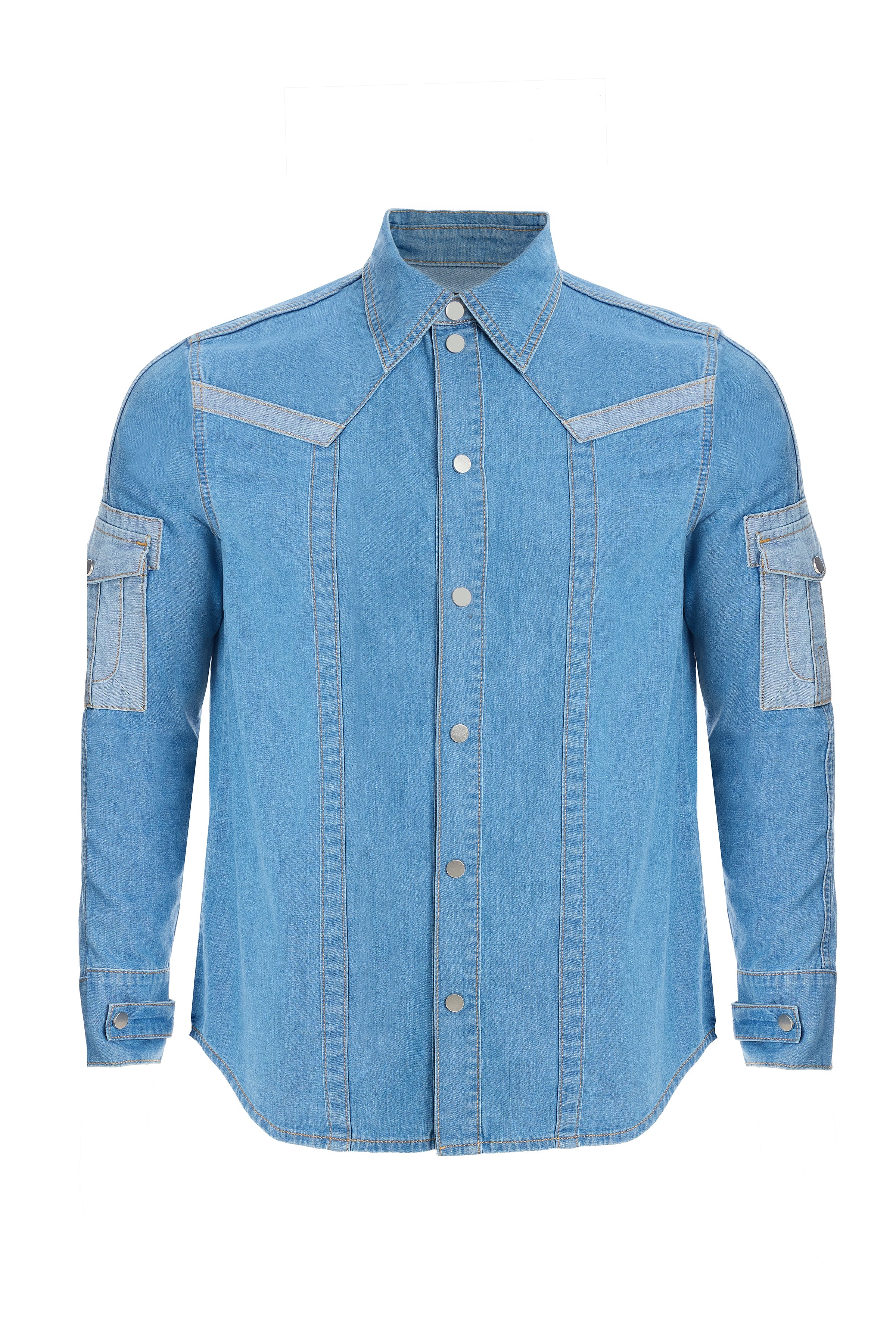 2be4A-Erkek Açık Mavi Kol Cepli Denim Gömlek-1-Milagron.com