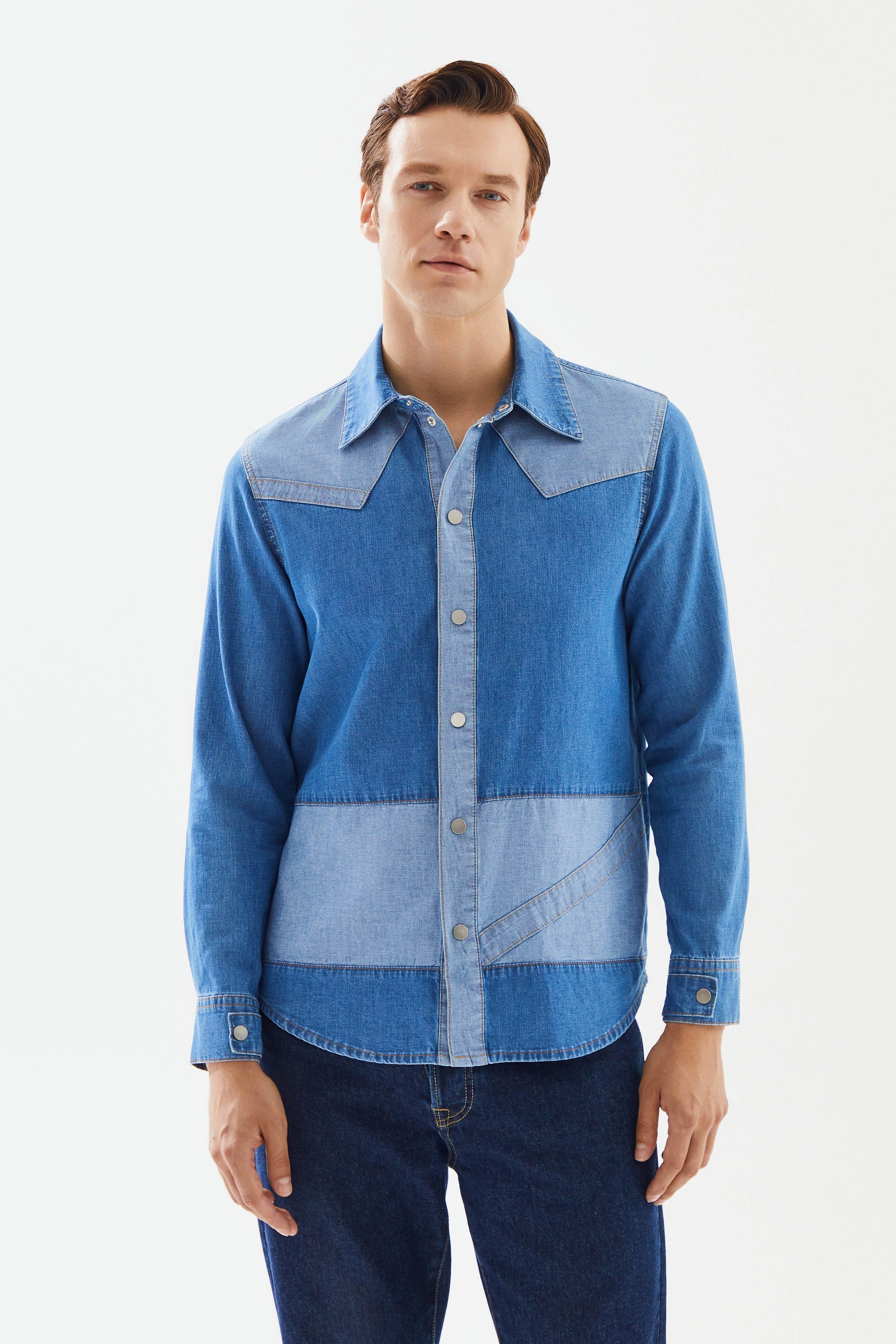 2be4 A-Erkek Açık Mavi şerit Detaylı Denim Gömlek-3-Milagron.com