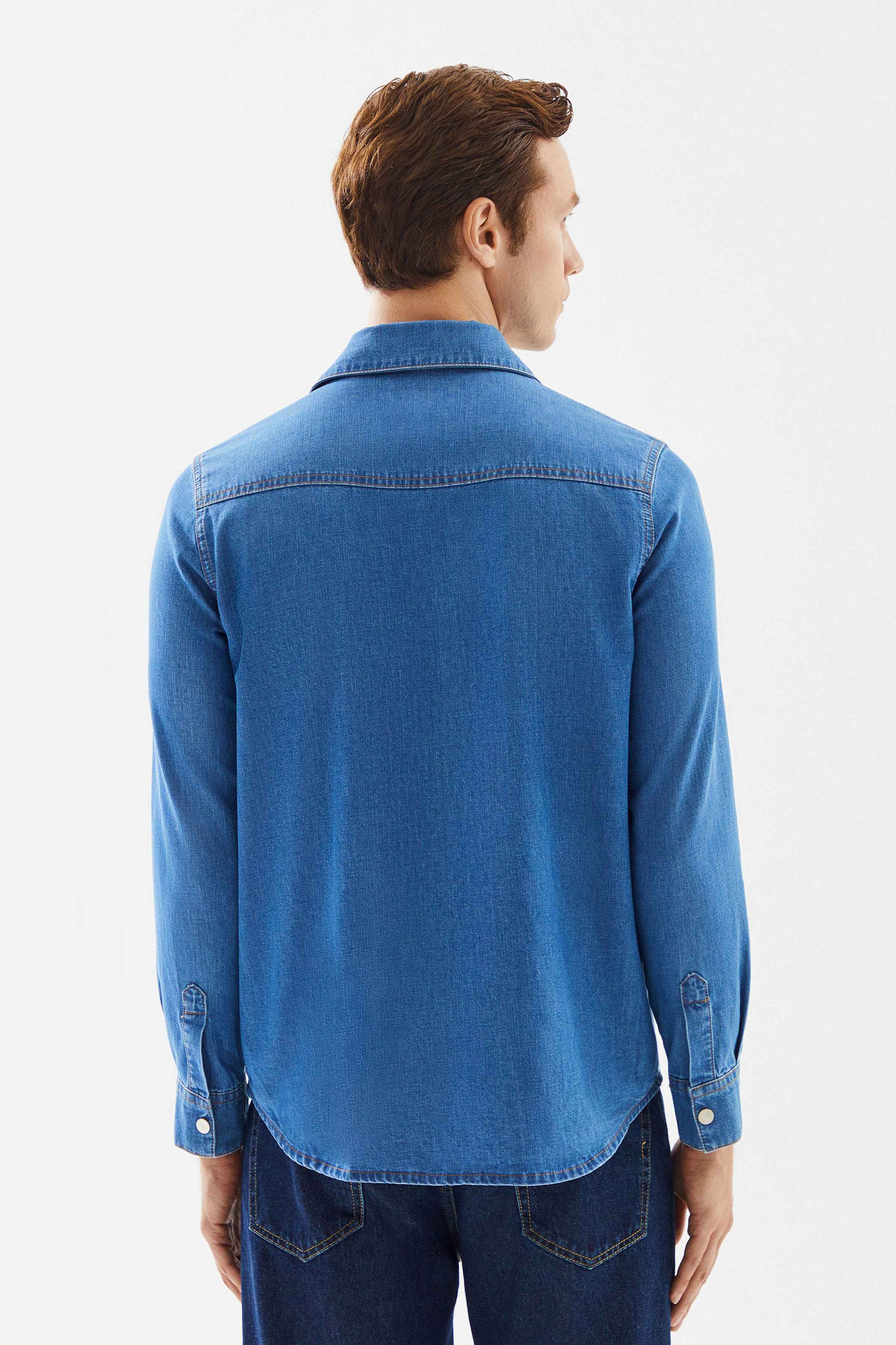 2be4 A-Erkek Açık Mavi şerit Detaylı Denim Gömlek-6-Milagron.com