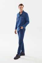 2be4A-Erkek Koyu Mavi Cepli şerit Detaylı Denim Gömlek-4-Milagron.com