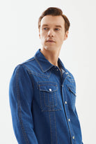2be4A-Erkek Koyu Mavi Cepli şerit Detaylı Denim Gömlek-5-Milagron.com