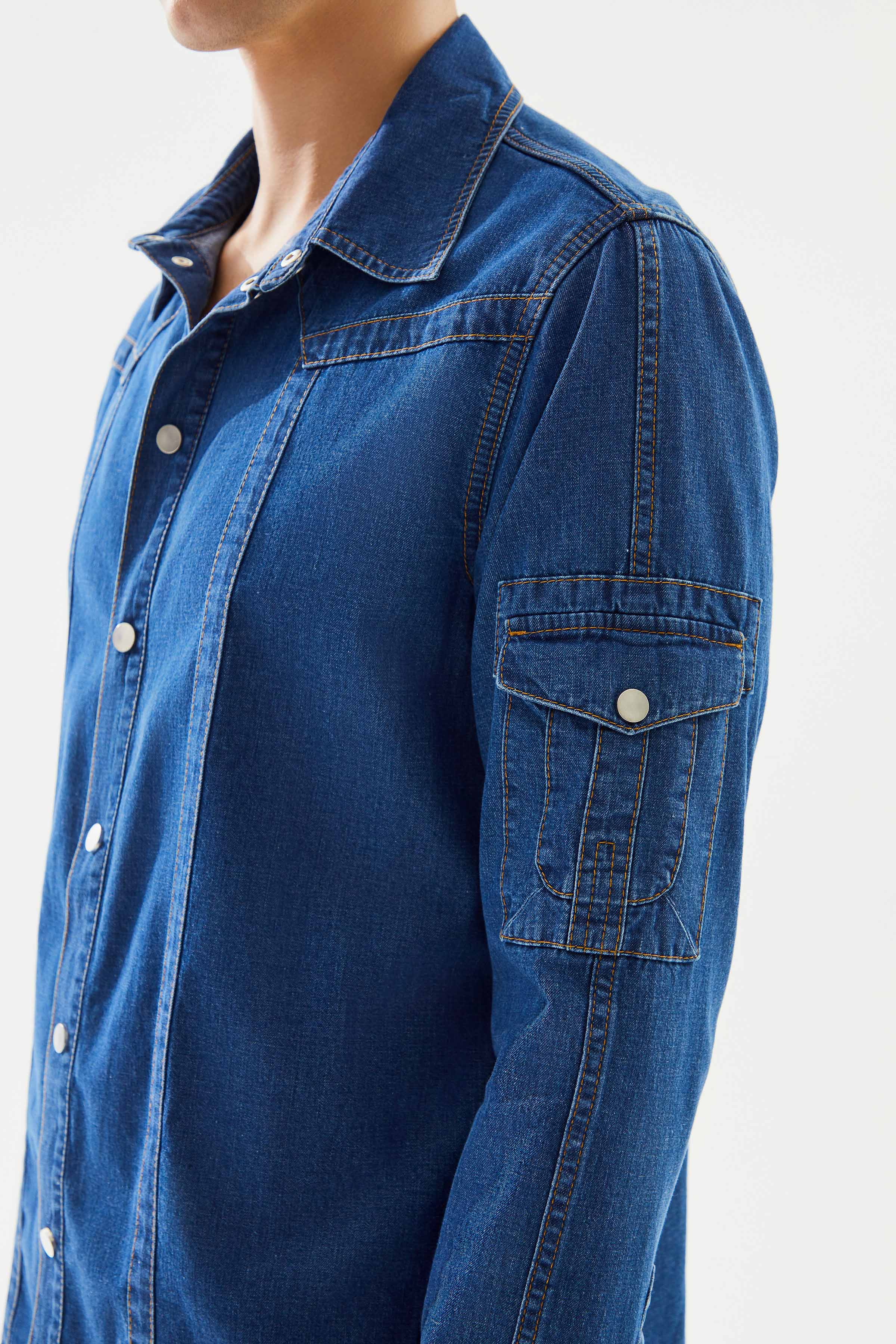 2be4A-Erkek Koyu Mavi Kol Cepli Denim Gömlek-5-Milagron.com