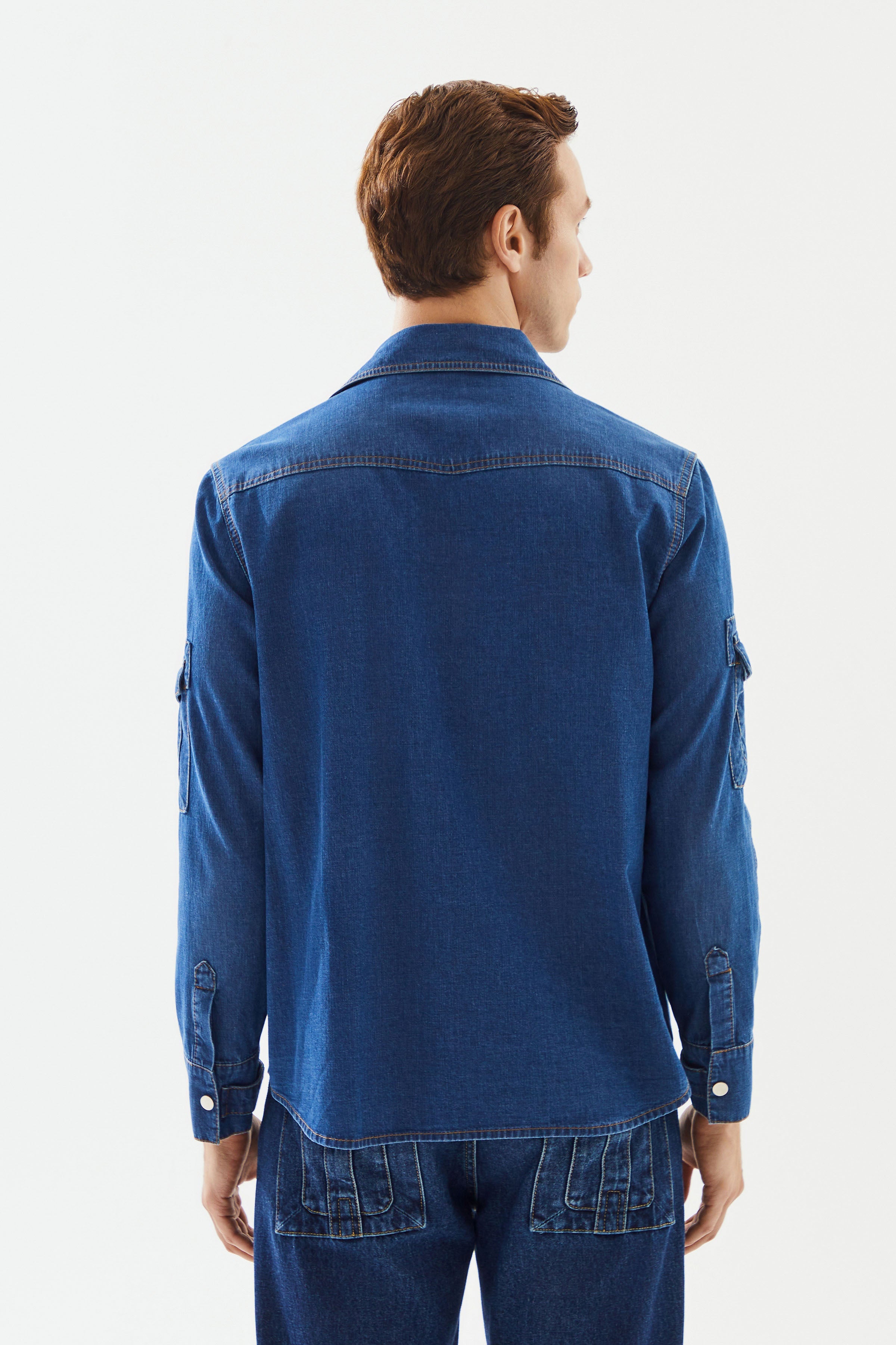 2be4A-Erkek Koyu Mavi Kol Cepli Denim Gömlek-6-Milagron.com