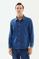 2be4A-Erkek Koyu Mavi şerit Detaylı Denim Gömlek-4-Milagron.com