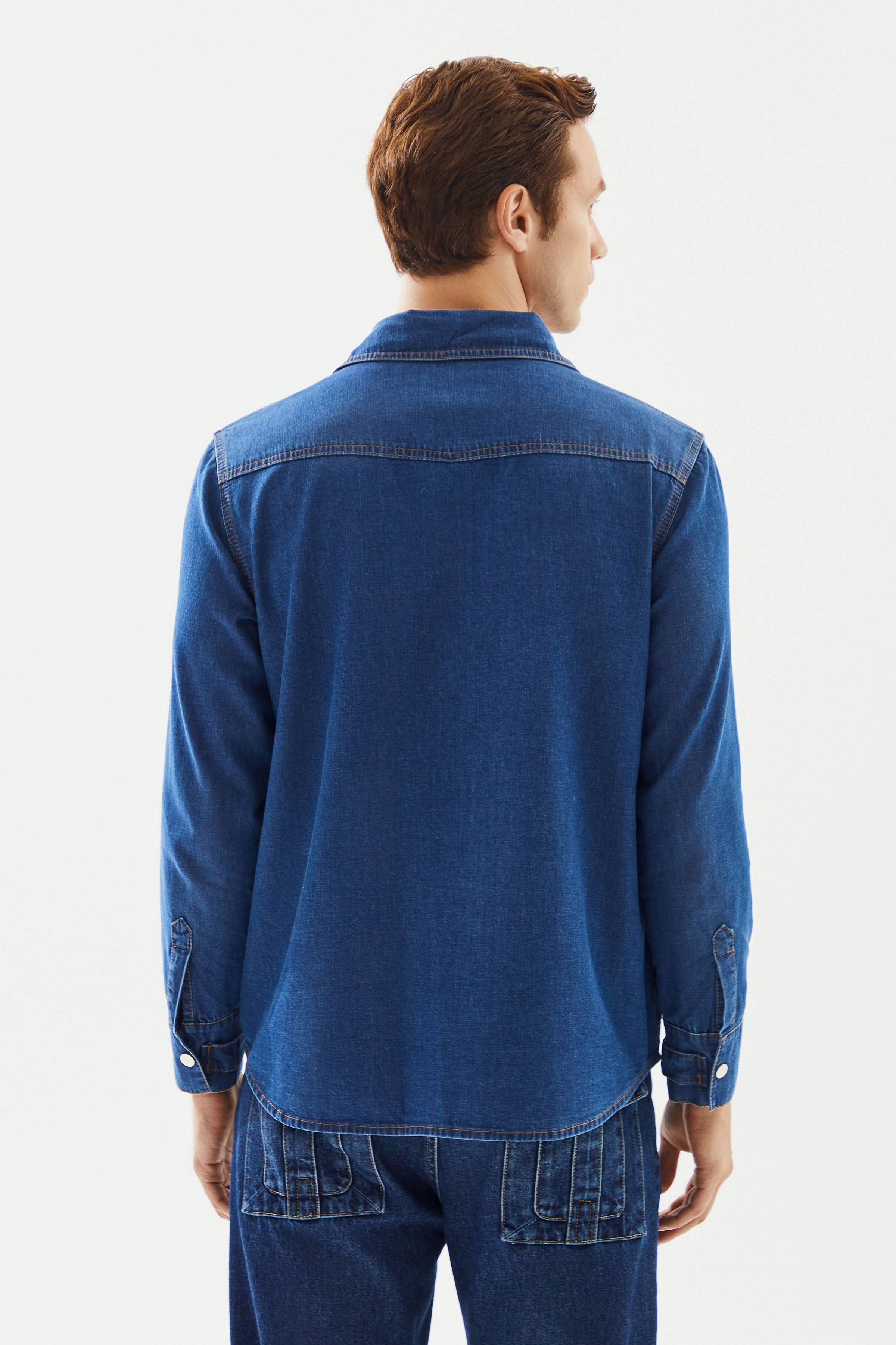 2be4A-Erkek Koyu Mavi şerit Detaylı Denim Gömlek-6-Milagron.com