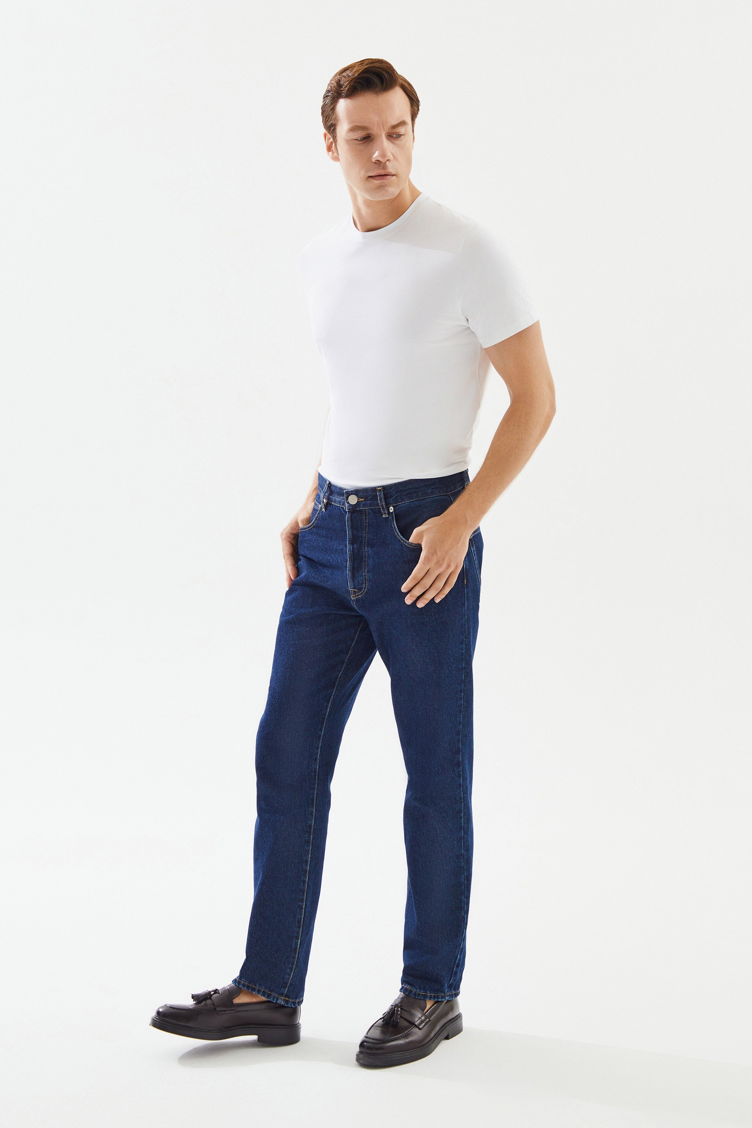 2be4A-Erkek Lacivert Straight Denim Pantolon-3-Milagron.com