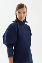 2be4A-Kadın Balon Kollu Denim Bluz-Bluz-5-Milagron.com