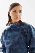 2be4A-Kadın Balon Kollu Kısa Denim Bluz-Bluz-5-Milagron.com