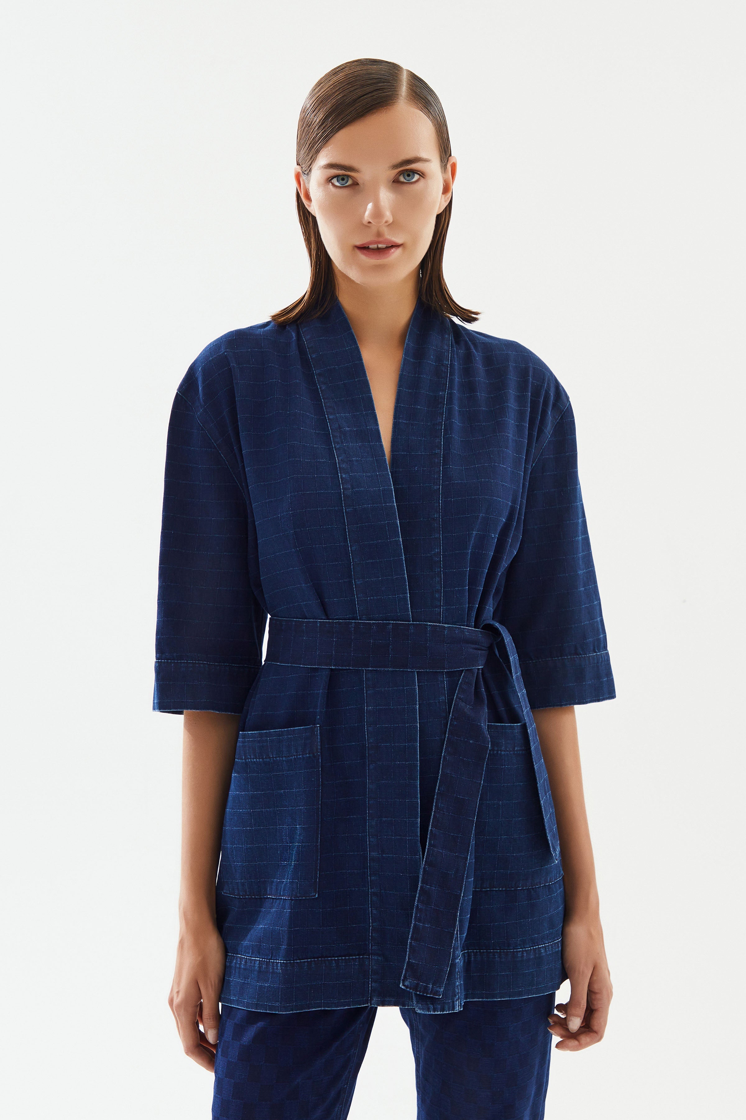 2be4A-Kadın Damalı Denim Kimono-5-Milagron.com