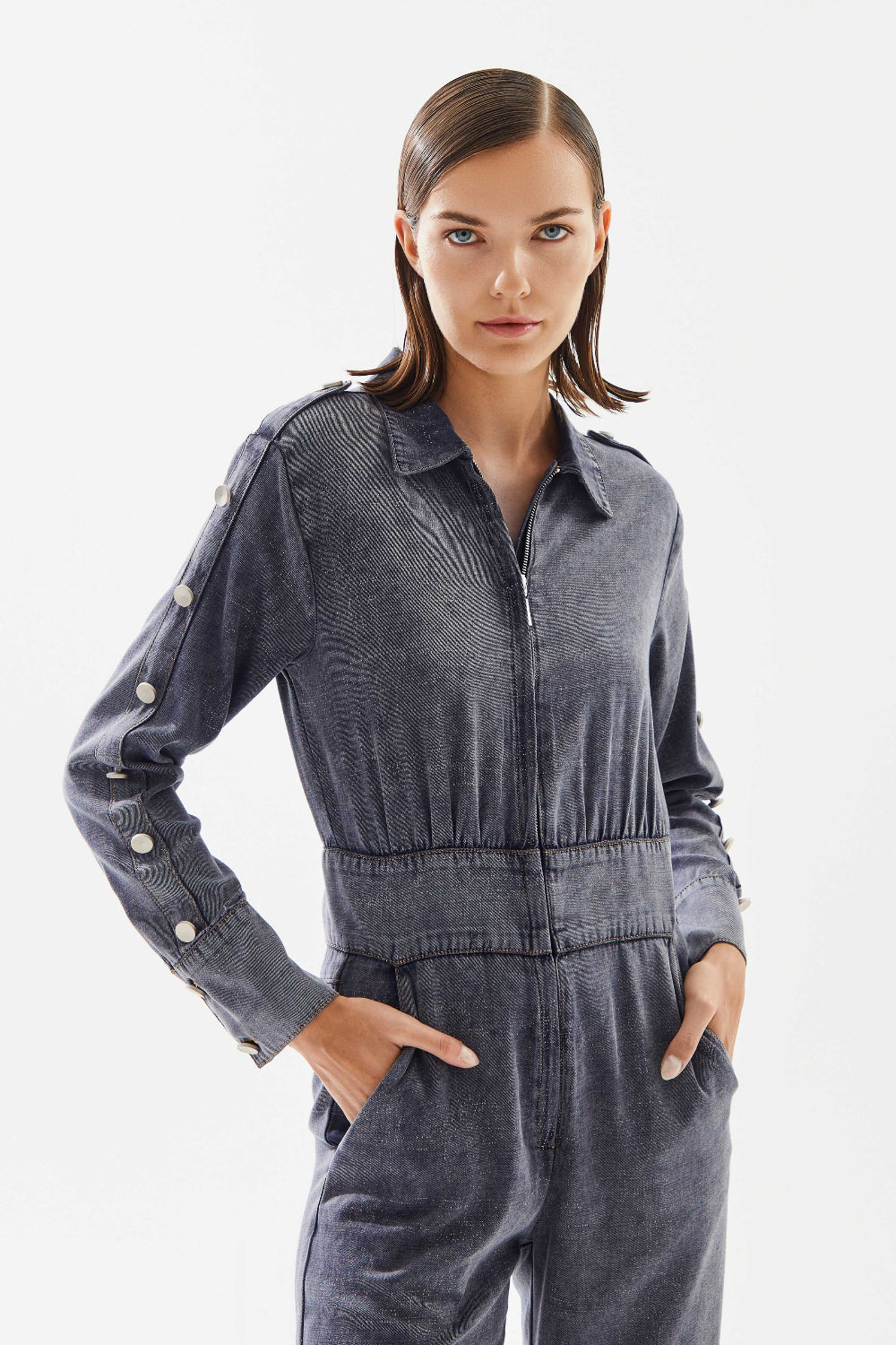 2be4A-Kadın Düğme Detaylı Denim Tulum-Tulum-4-Milagron.com