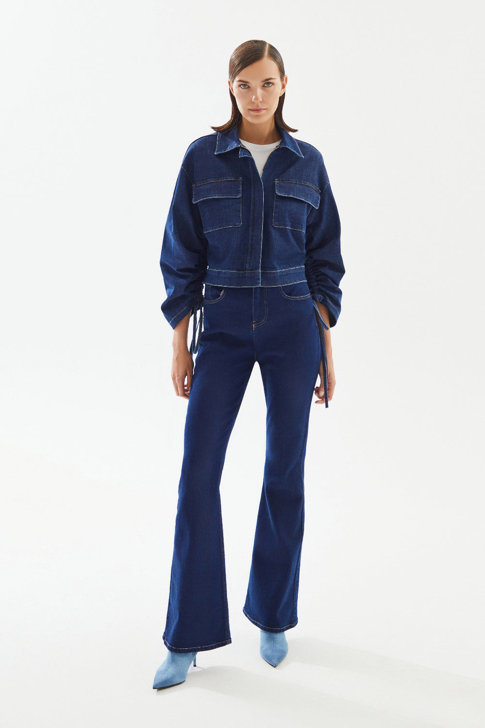 2be4A-Kadın Kolları Büzgülü Kısa Denim Ceket-4-Milagron.com