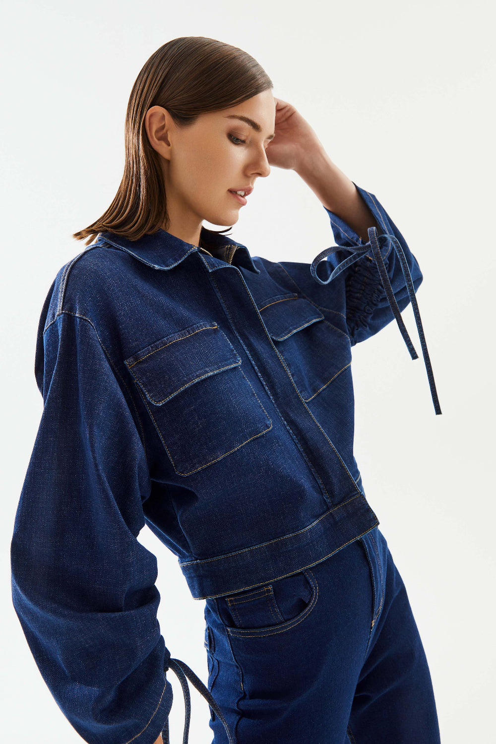 2be4A-Kadın Kolları Büzgülü Kısa Denim Ceket-5-Milagron.com