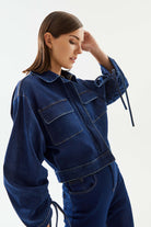 2be4A-Kadın Kolları Büzgülü Kısa Denim Ceket-5-Milagron.com