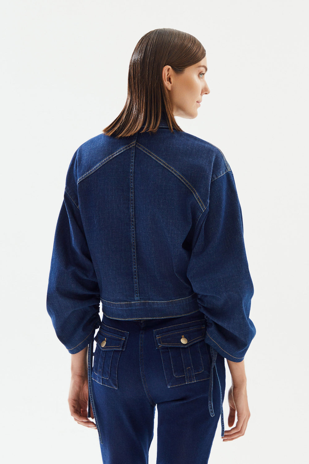 2be4A-Kadın Kolları Büzgülü Kısa Denim Ceket-6-Milagron.com