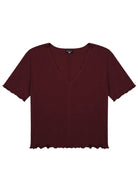 Bordo V Yaka Pamuklu Ribana T-Shirt